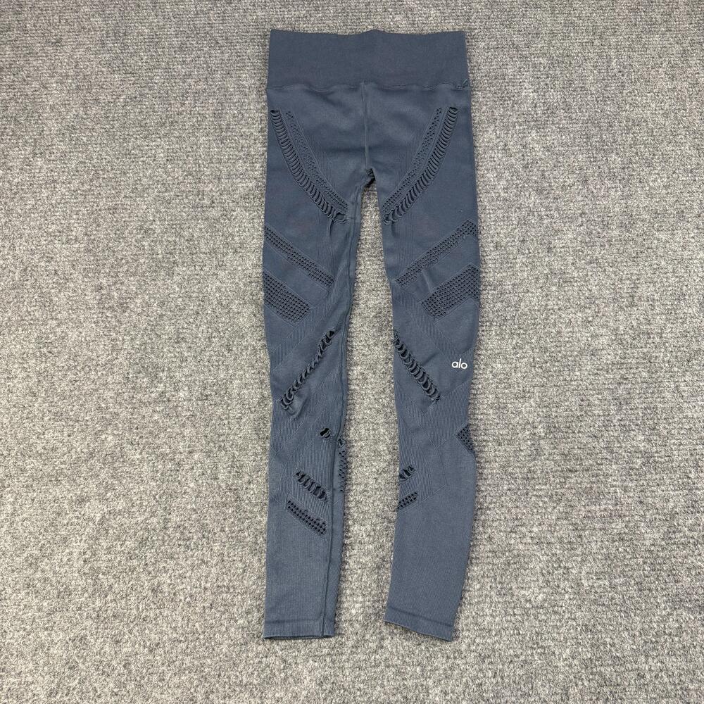 Alo Yoga Leggings Womens Small Blue Gray High Waist Ripped Warrior Leggings